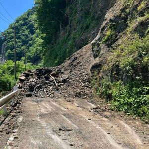 のり面が崩れ、土砂でふさがれた静岡市葵区の林道=25日(静岡市提供)