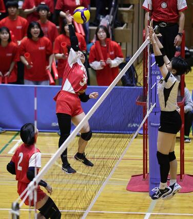 女子決勝 新発田商-長岡商 強打を放つ新発田商の齋藤星乃花(3)=小千谷市総合体育館