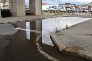 大雨で冠水したままの道路=23日、新潟市西区善久地域