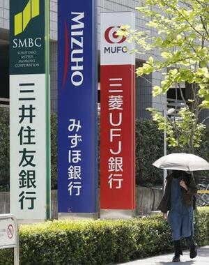 大手銀行各社の看板=19日、東京都江東区
