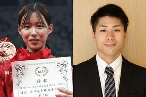 女子1万メートルの小海遥(左)、男子走り高跳びの長谷川直人