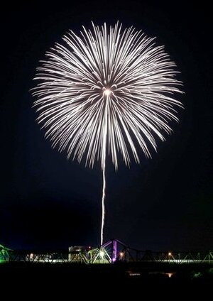 長岡空襲の犠牲者を慰霊するために打ち上げられた花火「白菊」=1日午後10時30分ごろ、長岡市の信濃川河川敷
