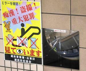 駅のエスカレーター横の壁に設置された特殊な鏡=6月、東京都台東区