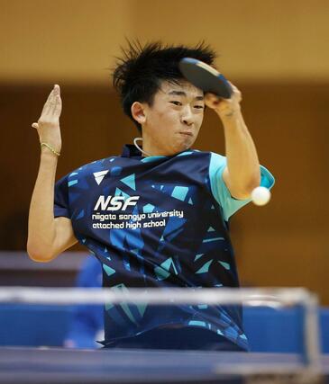 男子シングルスを制し、３冠を決めた吉田蒼（新潟産大付）＝３日、新発田市カルチャーセンター