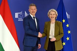 　会談したハンガリーのマジャル次期首相（左）と欧州連合（ＥＵ）のフォンデアライエン欧州委員長＝２９日、ブリュッセル（ゲッティ＝共同）