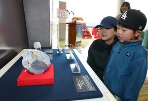 糸魚川市で展示されている「ラピスラズリ」。市内で国内初確認されたとあって、注目を集めている＝３月、糸魚川市のフォッサマグナミュージアム