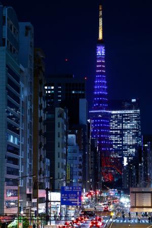サッカーW杯日本代表を応援するため、チームカラーの青色にライトアップされた東京タワー=11日、東京都港区