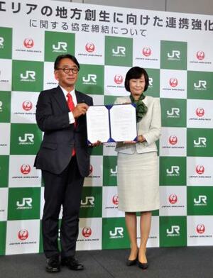 　連携協定を結び、撮影に応じるＪＲ東日本の喜勢陽一社長（左）と日航の鳥取三津子社長＝６日午後、東京都港区