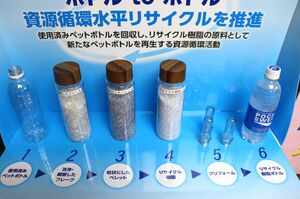 ペットボトルが水平リサイクルされる過程を示した展示=南魚沼市役所
