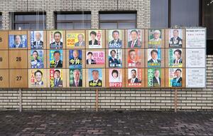 南魚沼市議選に立候補した２５人のポスターが貼られた掲示板＝南魚沼市浦佐