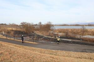枯れ草火災のあった阿賀野川左岸の河川敷＝２日、新潟市江南区横越