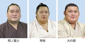 (左から)照ノ富士、琴桜、大の里