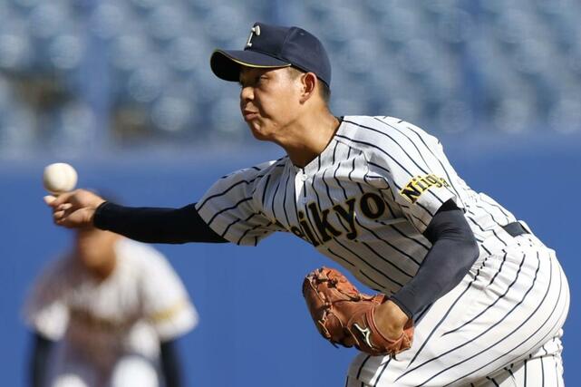 新潟明訓-帝京長岡 2番手で登板した帝京長岡の浅香真樹=ハードオフ・エコスタジアム