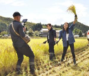 稲刈りに挑戦するアンドレア・ソウさん(右)とクリス・ルンさん(右から2人目)=魚沼市山田