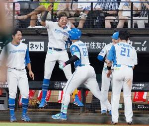 7回、決勝打となった勝ち越しソロを放った万波(手前中央)を迎える水谷(左から2人目)ら日本ハムナイン=エスコンフィールド