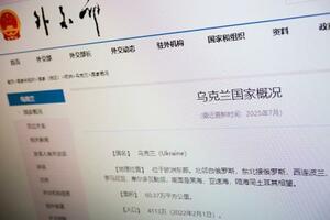 中国外務省公式サイトのウクライナの国家概況を紹介するページ。南部クリミア半島に関する記述が削除されたと伝えられた=3日、北京(共同)