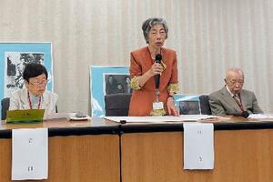 空襲連の記者会見で、救済法の早期成立を訴える河合節子さん(中央)ら=18日午後、東京都内