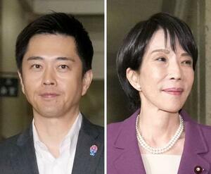 自民党の高市総裁(右)と日本維新の会の吉村代表。自民と維新は連立政権樹立で事実上合意した=15日、国会