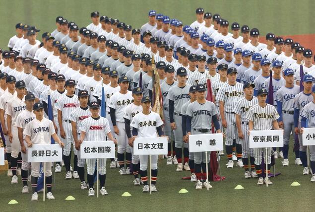 開会式で整列する選手たち=富山市民球場