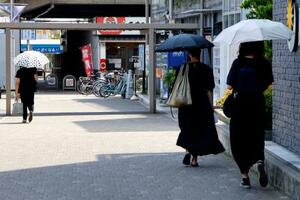 JR前橋駅前を日傘を差して歩く人たち=5日午後