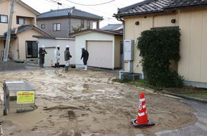 能登半島地震直後の住宅街。液状化による噴砂で覆われていた=1月2日、新潟市西区寺尾地域