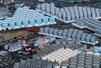 　東京電力福島第１原発の敷地に林立する処理水の保管タンク。枠部分は撤去が始まっているエリア＝２月（共同通信社ヘリから）