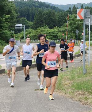 山を駆け上がる急な登りに挑む関川マラソンの参加者たち=16日、関川村下川口