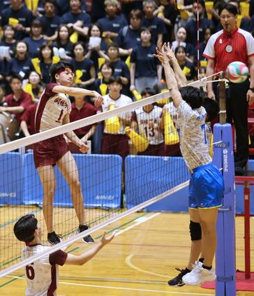 県高校総体バレーボール男子決勝　スパイクを放つ関根学園の竹田尊飛＝６月８日、小千谷市総合体育館
