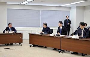 日米関税交渉の合意を受けた、自動車メーカーの首脳らとの意見交換会で発言する石破首相(左端)=31日午後、東京都内(代表撮影)