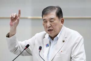 演説する自民党総裁の石破首相=5日午後、新潟県長岡市
