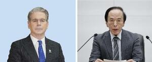 ベセント米財務長官(左)、植田和男日銀総裁