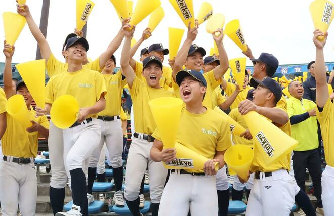 8回表9番富田の適時三塁打で逆転し、沸き返る帝京長岡高校の応援団=富山市民球場