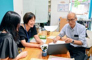 韓国文化を学ぶ地域クラブ発足に向けてスタッフと打ち合わせをする金シニョンさん(右)=8月、神戸市長田区
