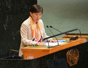 核実験の禁止を訴える国連総会の会合で発言する中満泉事務次長=3日、米ニューヨークの国連本部(共同)