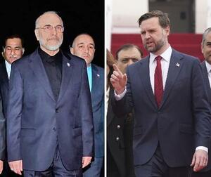 米国とイランの戦闘終結に向けた協議のため、パキスタンに到着したイランのガリバフ国会議長(左、パキスタン外務省提供・共同)とバンス米副大統領(AP=共同)