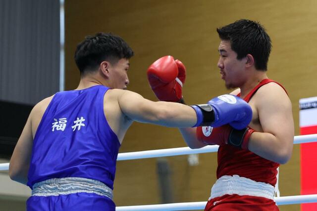 成年男子ライトヘビー級準々決勝　相手の出方をうかがう拓大の齊藤総眞（右）＝滋賀県東近江市