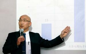 　「自死遺児」全国調査の中間報告会で、発言する岡山県立大の大倉高志准教授＝２１日午後、岡山県総社市