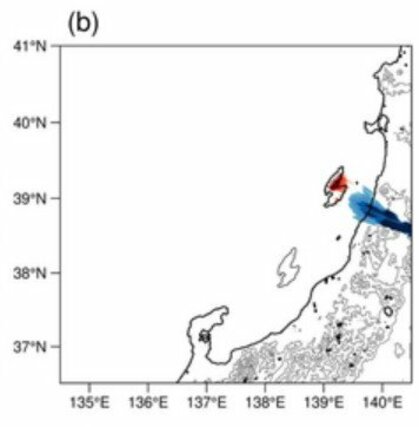 佐渡を山形県沖（北東）に移動させた場合、風下側の山形県に帯状の降雪の少ない領域（青色）が伸びていることが分かります（日下教授らの論文から抜粋）