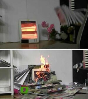 地震の揺れで可燃物が飛散し(上)、近くの電気ストーブに接触して発火するイメージ(製品評価技術基盤機構提供)
