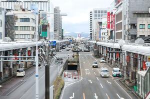 長岡市の大手通り周辺。アオーレ長岡や米百俵プレイスといった行政関連施設、マンション、商業ビルが立ち並ぶ