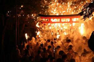 和歌山県新宮市の神倉神社で行われた伝統の火祭り「お灯まつり」=6日夜