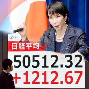 新内閣が発足し、記者会見する高市早苗首相(上)と初めて5万円を突破した日経平均株価を示すボード(下)