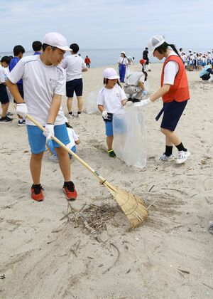 細かいプラスチック片などを丁寧に拾い集めた子どもたち=胎内市村松浜