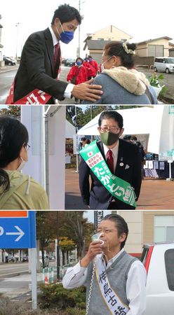 上越市で支持を訴える6区の候補者。上から梅谷守氏、高鳥修一氏、神鳥古賛氏