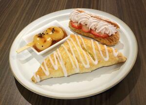 試食会でお披露目された、地産食材を使ったスイーツ３品＝弥彦村弥彦