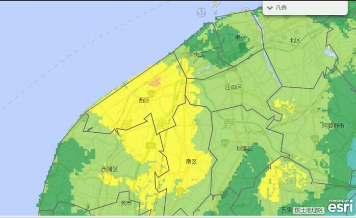 新潟市西区周辺の面的推計震度。一部で震度6弱を示すオレンジ色となっている(防災科研・リアルタイム被害推定・状況把握システム)