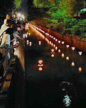 新発田川を流れる灯籠=新発田市の清水園周辺