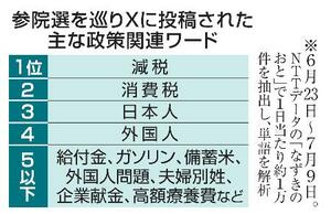 参院選を巡りXに投稿された主な政策関連ワード