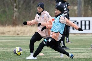 練習でボールをさばくFW小野裕二(左)=聖籠町