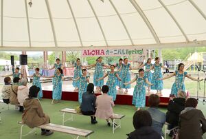 華やかな衣装でフラダンスを披露した「ALOHAカーニバル」=5月6日、長岡市の国営越後丘陵公園